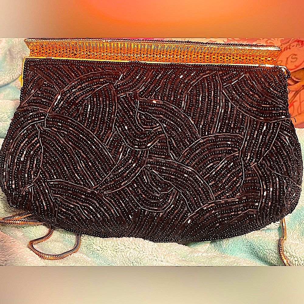 beaded vintage purse ADG 35" strap black satin and gold metal